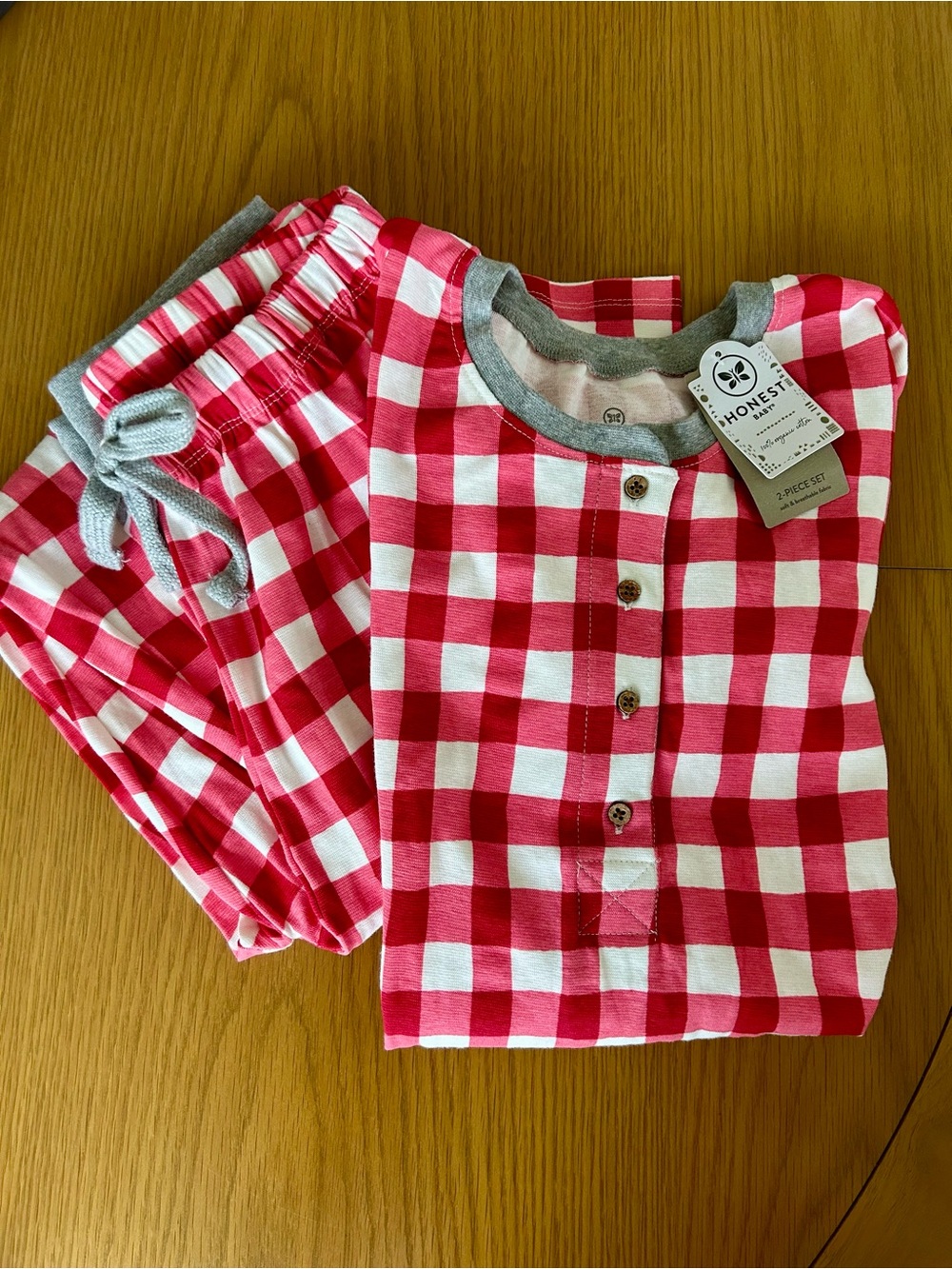 The Honest Company Red and White Gingham Pajama Set with Gray Trim
